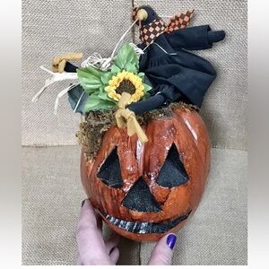 Vintage Hand Carved Gourd Jack O Lantern Plush Crow Decoration Whimsigoth Goth